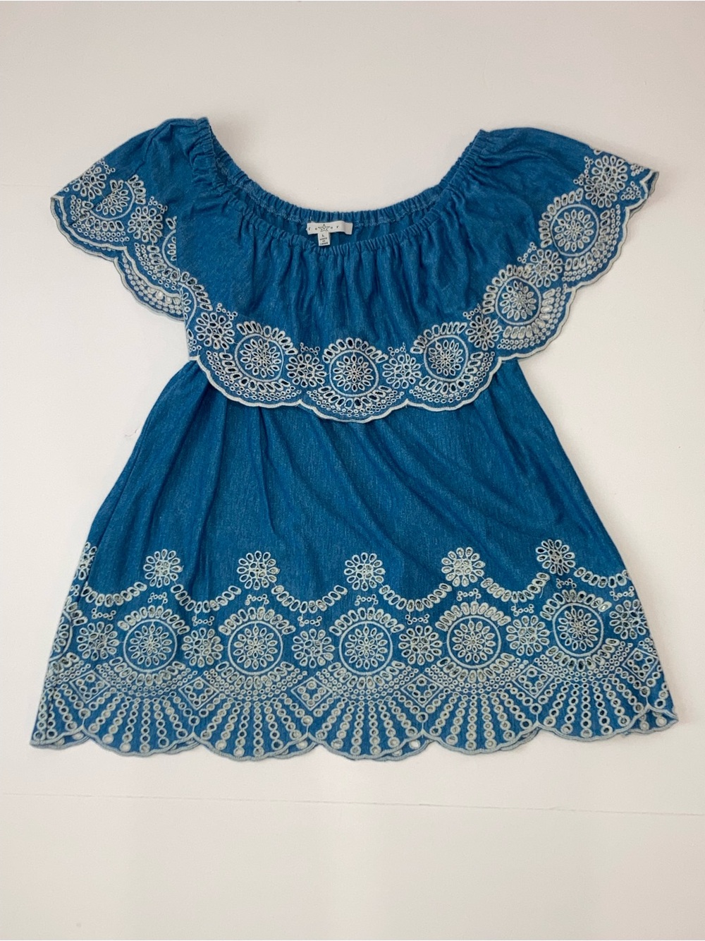 Fever Blue Off-Shoulder Tunic with White Embroidered Trim Women’s Large